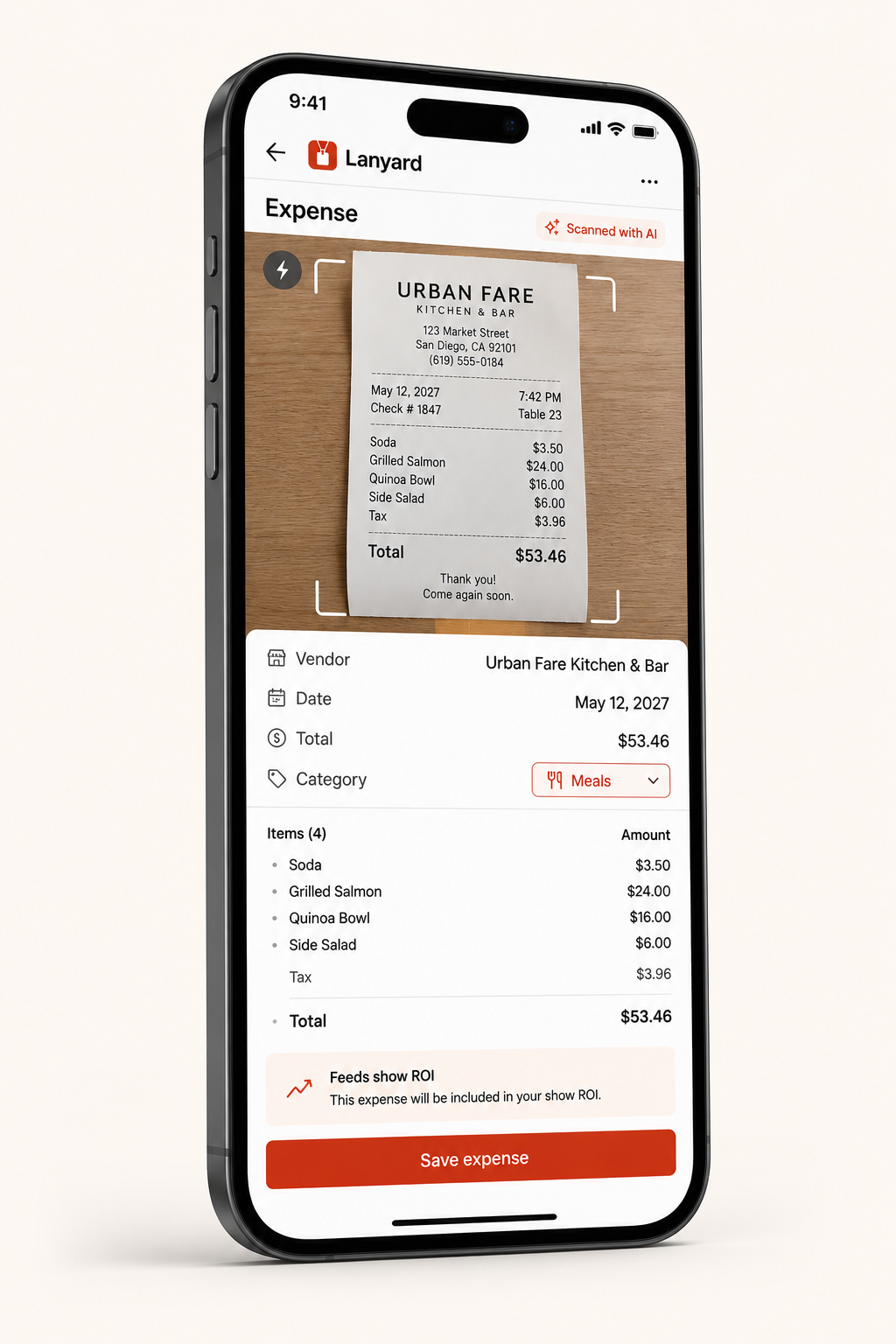 Lanyard phone expense screen parsing a receipt.