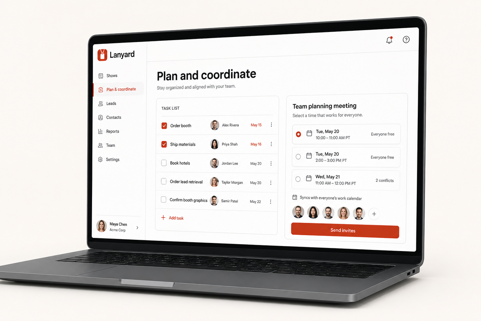 Lanyard coordinate screen with a team task list and a team planning meeting scheduler.