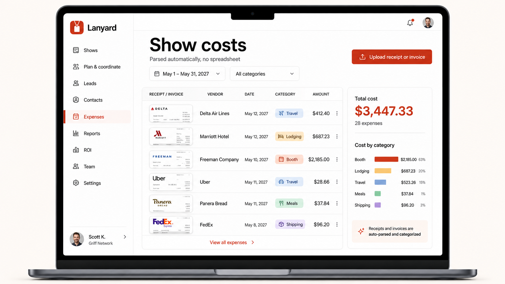 Lanyard show costs screen with receipts and invoices parsed into categories.