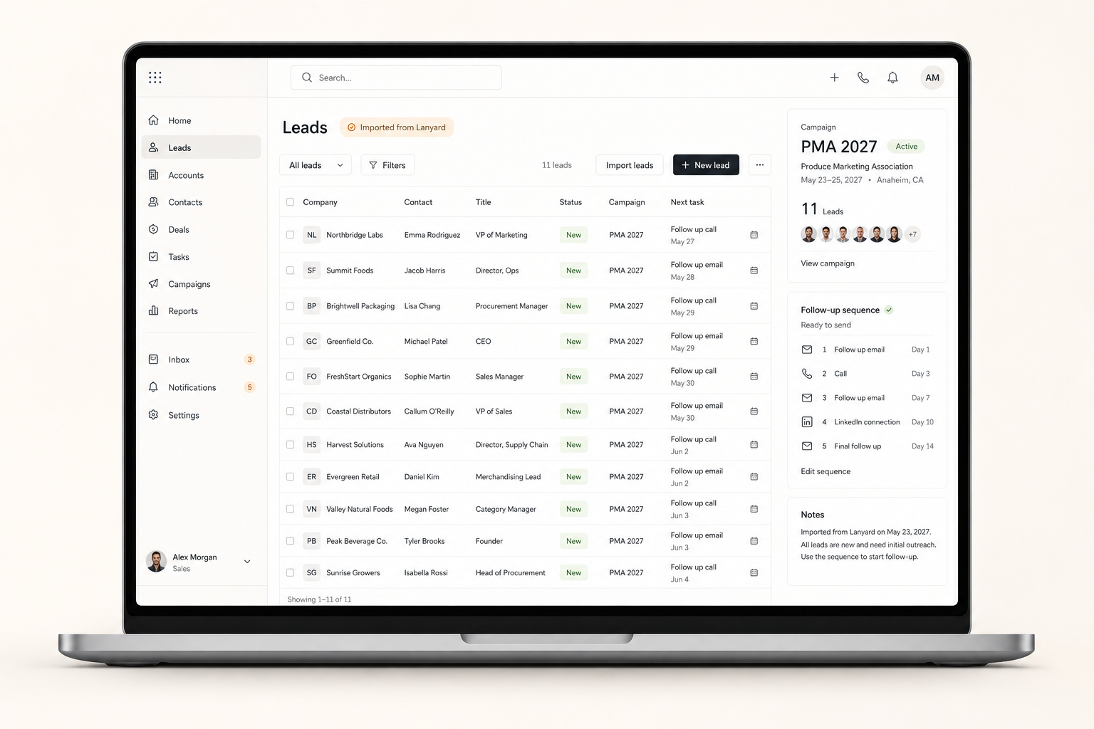 A CRM showing leads imported from Lanyard, tagged to a campaign with follow-up tasks.