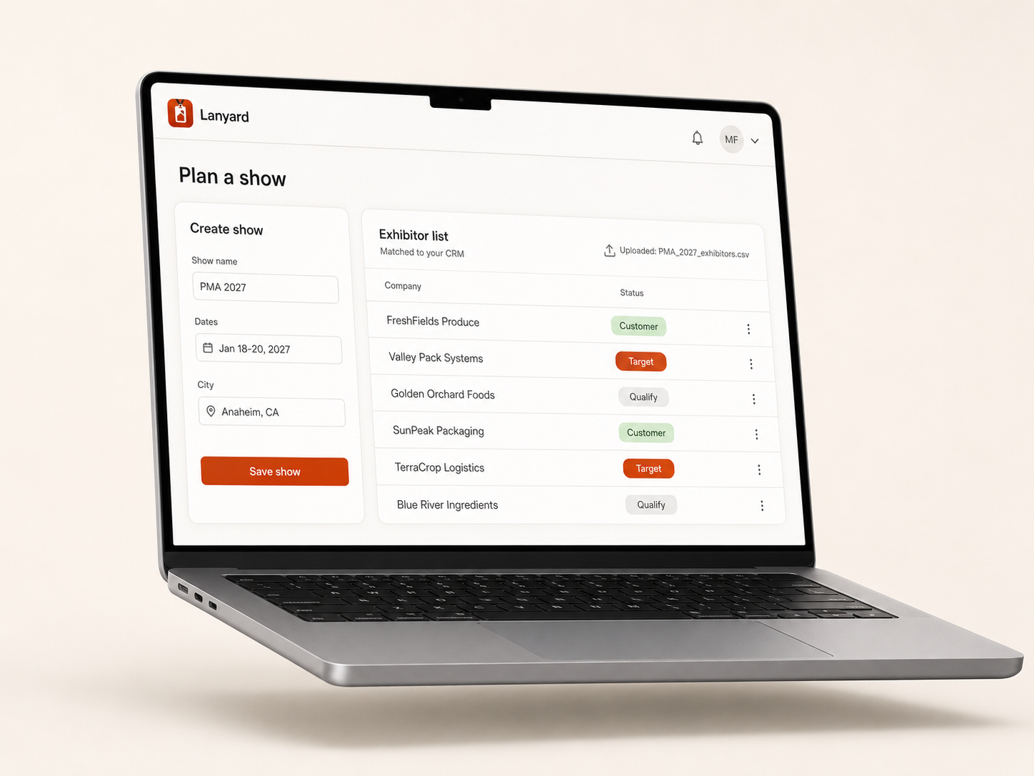 Lanyard web app: plan a show with the exhibitor list matched to your CRM.