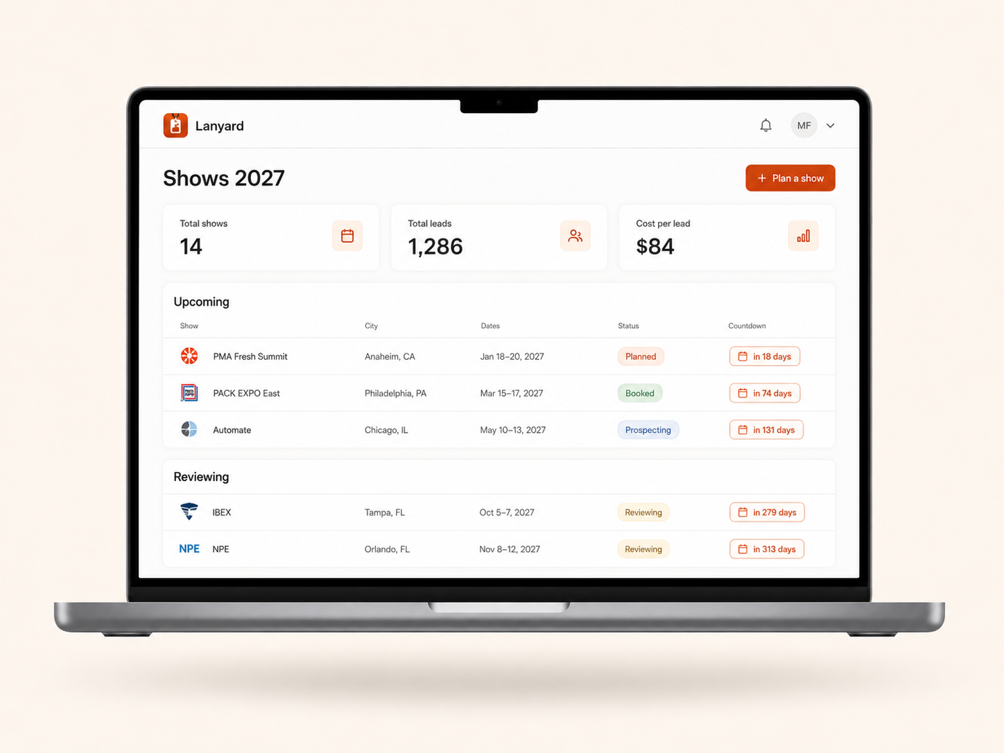 Lanyard shows dashboard with upcoming and reviewing shows, statuses, and countdowns.